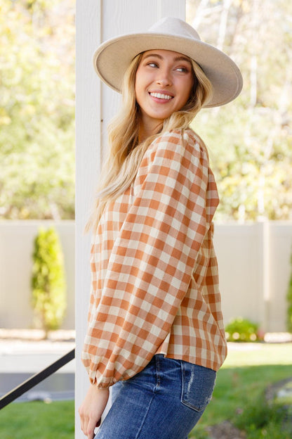 Hazel Blues® |  One Fine Afternoon Gingham Plaid Top In Caramel