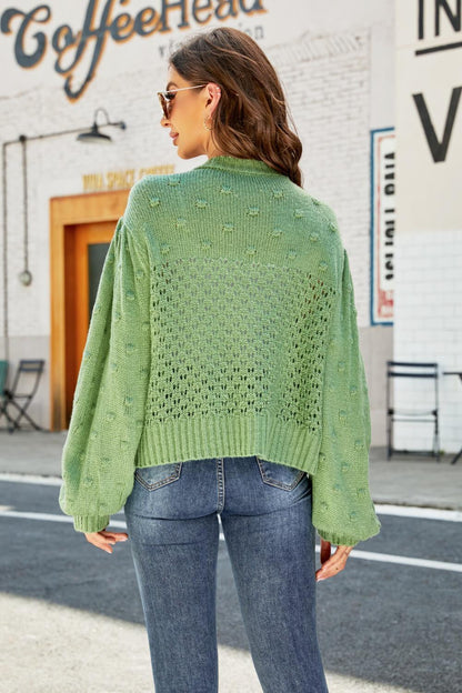 Hazel Blues® | Openwork Pompom Puff Sleeve Cardigan