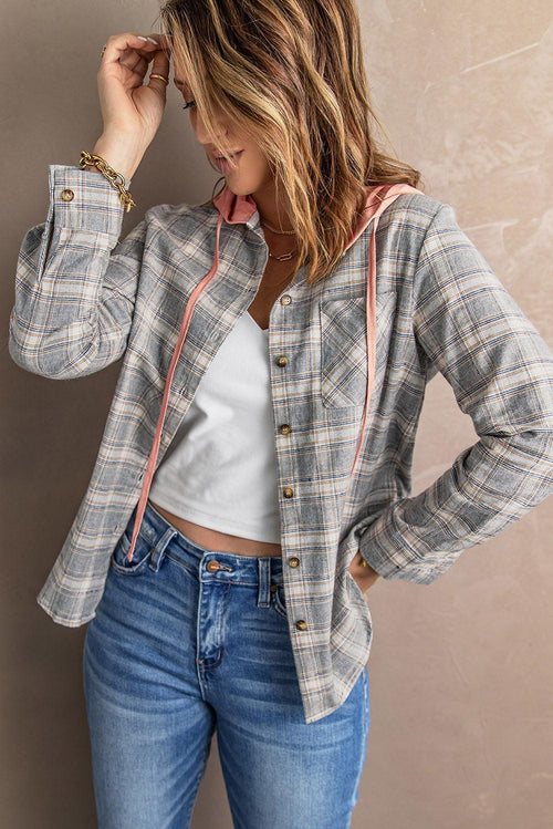 Hazel Blues® | Plaid Drawstring Hooded Shacket