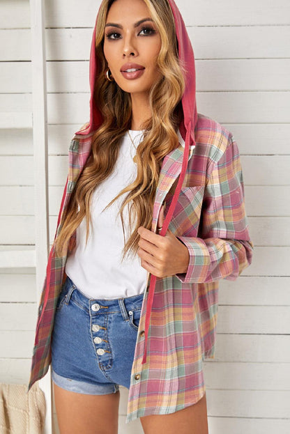 Hazel Blues® | Plaid Drawstring Hooded Shacket