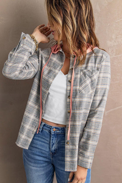 Hazel Blues® | Plaid Drawstring Hooded Shacket