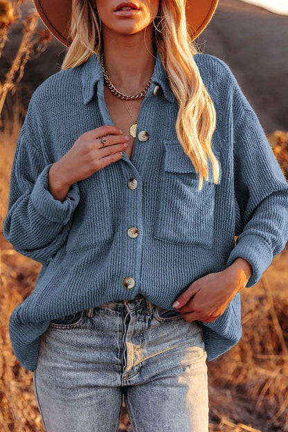 Hazel Blues® | Pocketed Button Ribbed Textured Shacket
