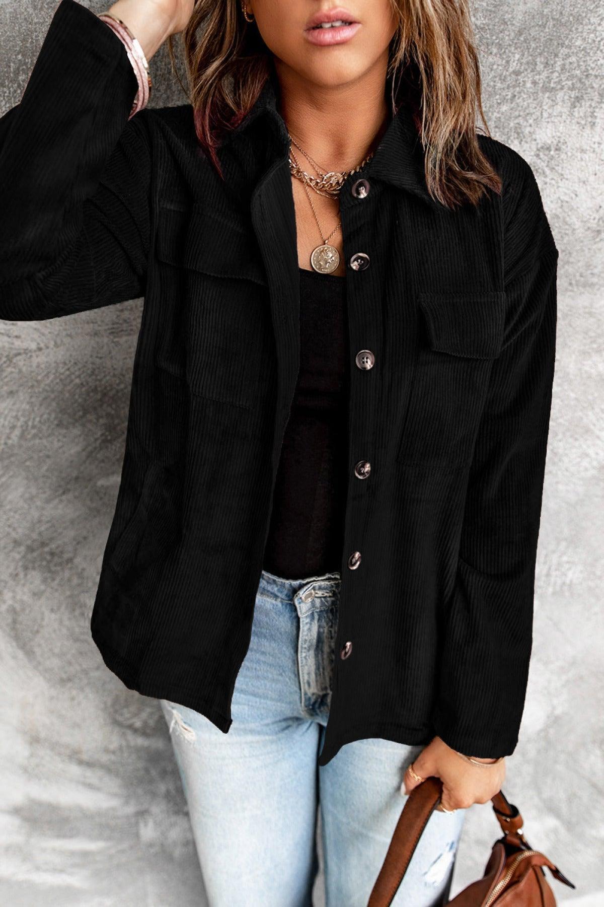 Hazel Blues® | Pocketed Button Ribbed Textured Shacket