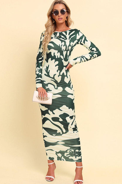 Hazel Blues® | Printed Backless Long Sleeve Maxi Dress