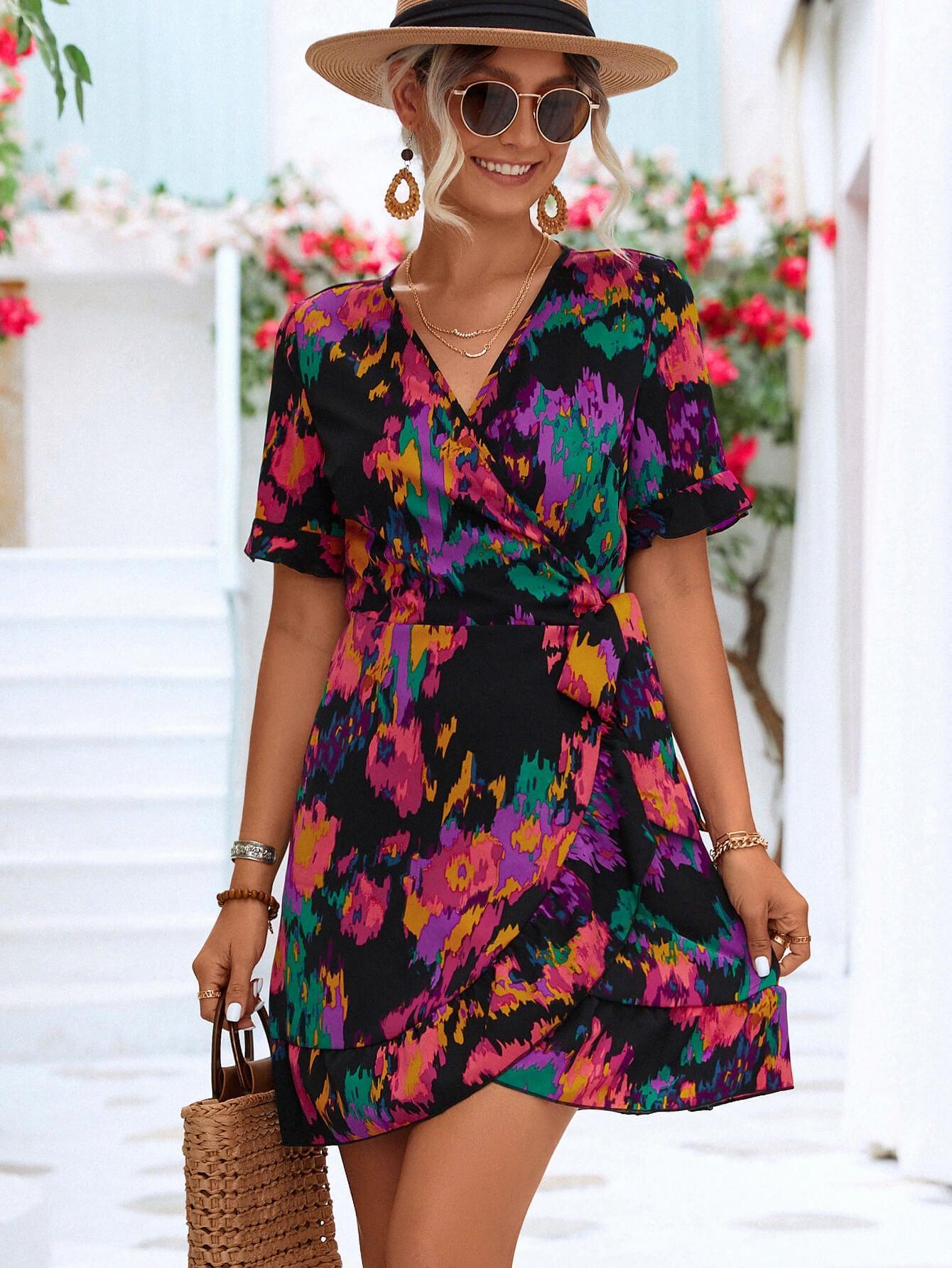 Hazel Blues® | Printed Flounce Sleeve Tied Dress