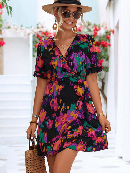 Hazel Blues® | Printed Flounce Sleeve Tied Dress