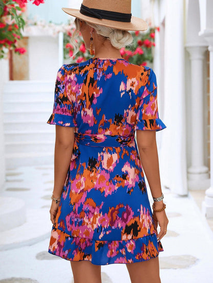 Hazel Blues® | Printed Flounce Sleeve Tied Dress