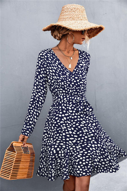 Hazel Blues® | Printed V-Neck Tie Belt Ruffle Hem Mini Dress