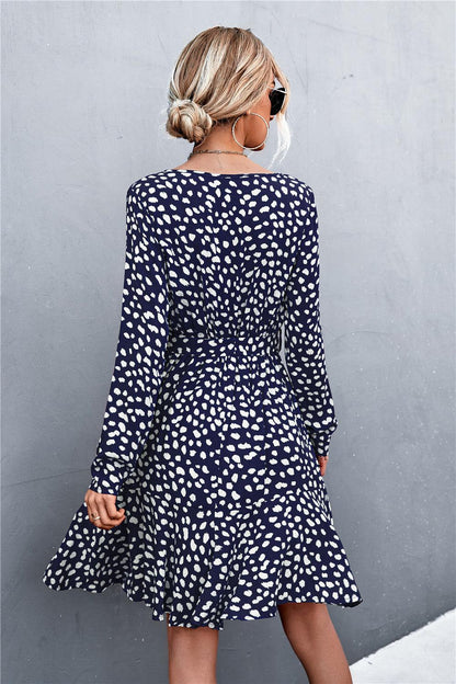 Hazel Blues® | Printed V-Neck Tie Belt Ruffle Hem Mini Dress