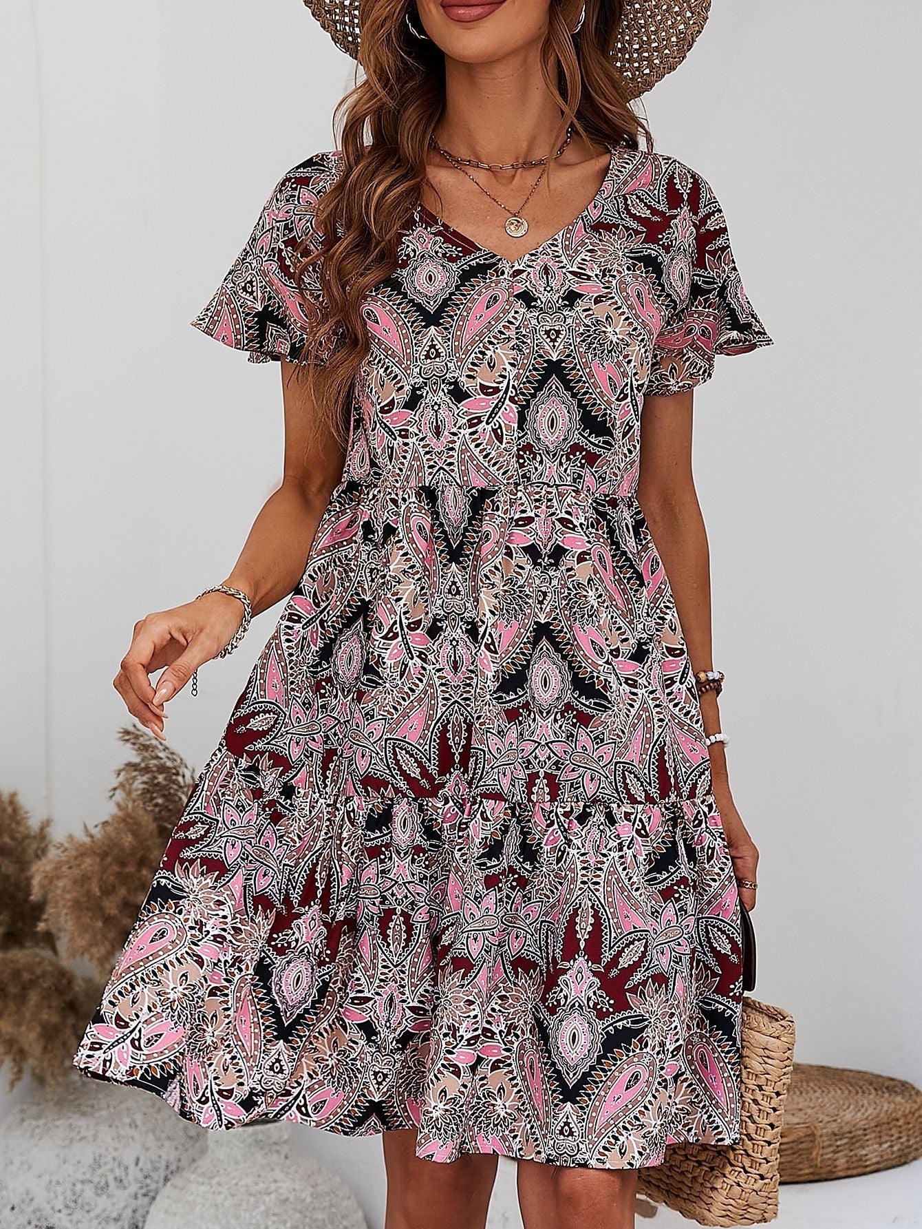 Hazel Blues® | Printed V-Neck Tiered Dress