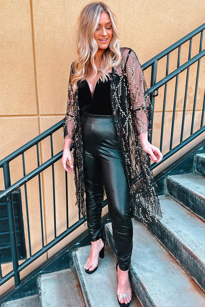 Hazel Blues® | Sequin Open Front Sheer Cardigan
