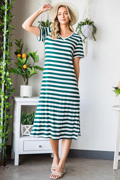 Hazel Blues® | Striped V-Neck Short Sleeve Side Slit Dress