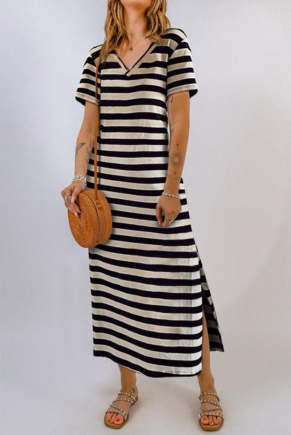Hazel Blues® | Striped V-Neck Short Sleeve Side Slit Dress