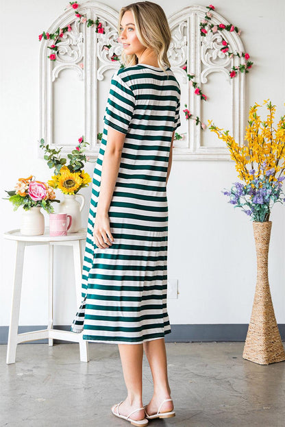 Hazel Blues® | Striped V-Neck Short Sleeve Side Slit Dress