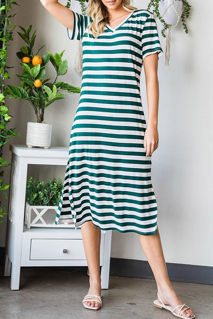 Hazel Blues® | Striped V-Neck Short Sleeve Side Slit Dress