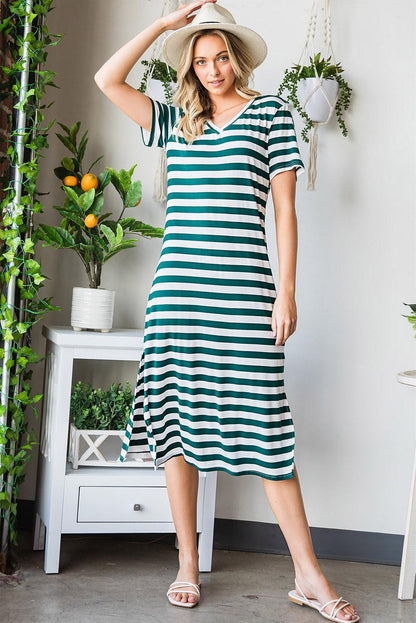 Hazel Blues® | Striped V-Neck Short Sleeve Side Slit Dress