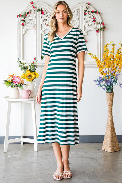 Hazel Blues® | Striped V-Neck Short Sleeve Side Slit Dress