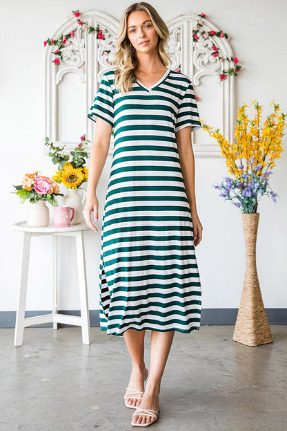 Hazel Blues® | Striped V-Neck Short Sleeve Side Slit Dress