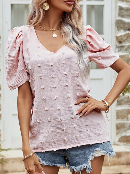 Hazel Blues® | Swiss Dot Short Puff Sleeve Top