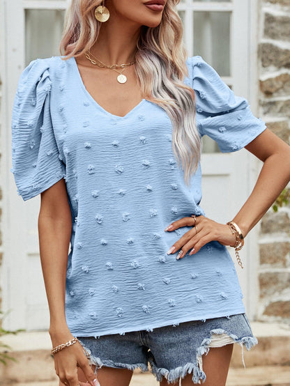 Hazel Blues® | Swiss Dot Short Puff Sleeve Top
