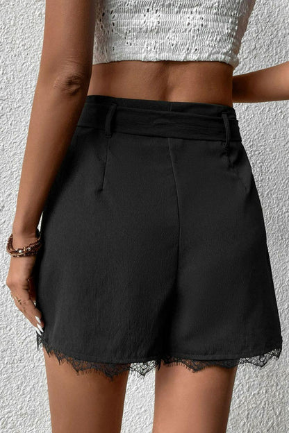 Hazel Blues® | Tie Belt Lace Trim Shorts