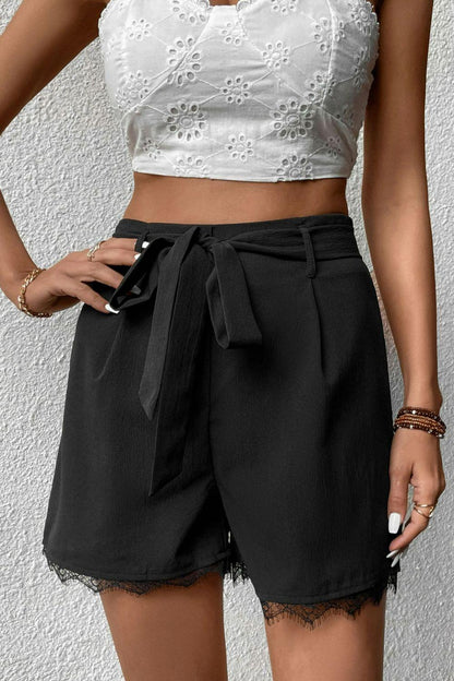 Hazel Blues® | Tie Belt Lace Trim Shorts