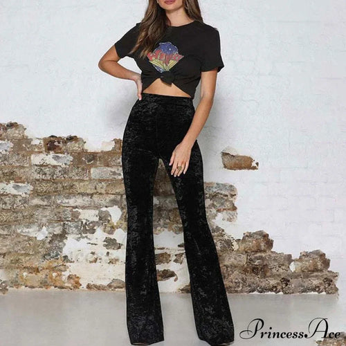 High Waist Velvet Wide Leg Velour Flare Pants