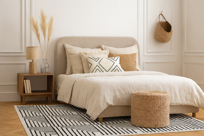 KEVO - Tapis rectangulaire en coton avec motifs beiges et noirs 120 x 180 cm