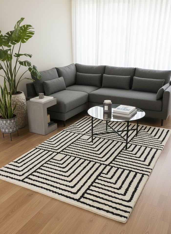 KEVO - Tapis rectangulaire en coton avec motifs beiges et noirs 120 x 180 cm