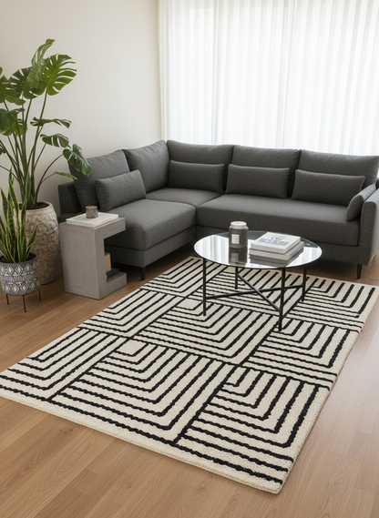 KEVO - Tapis rectangulaire en coton avec motifs beiges et noirs 120 x 180 cm