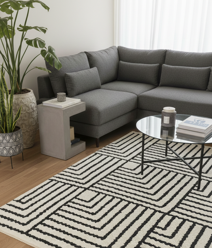 KEVO - Tapis rectangulaire en coton avec motifs beiges et noirs 120 x 180 cm