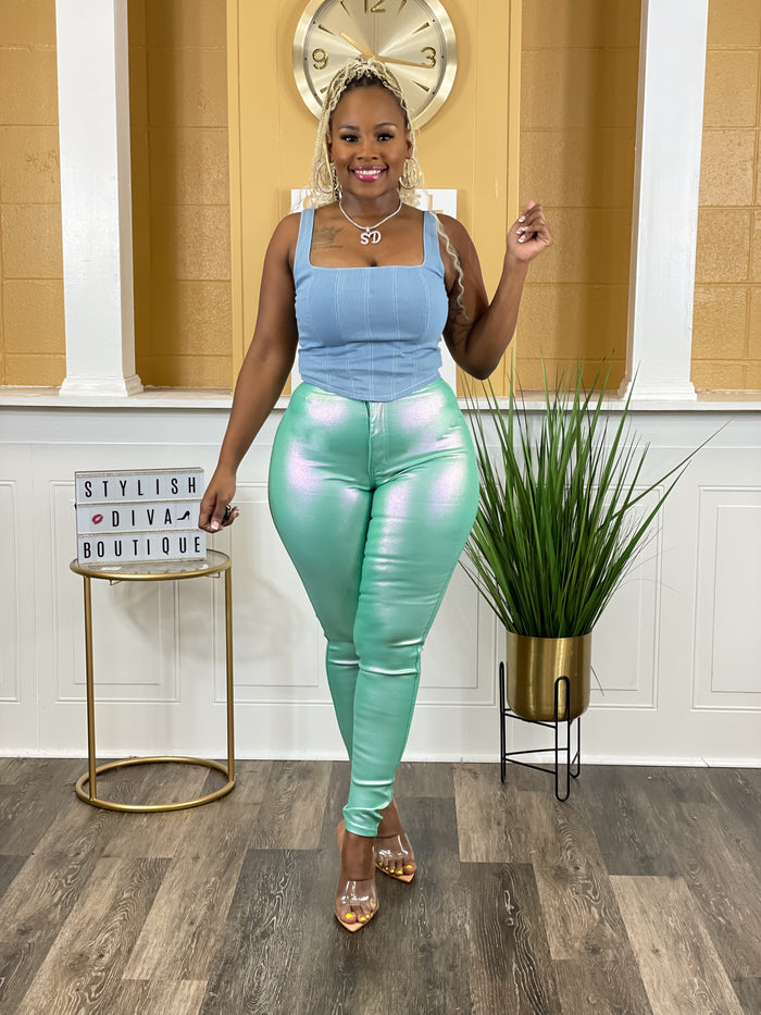Killer Looks High Waist Skinny Jeans (Metallic Mint)