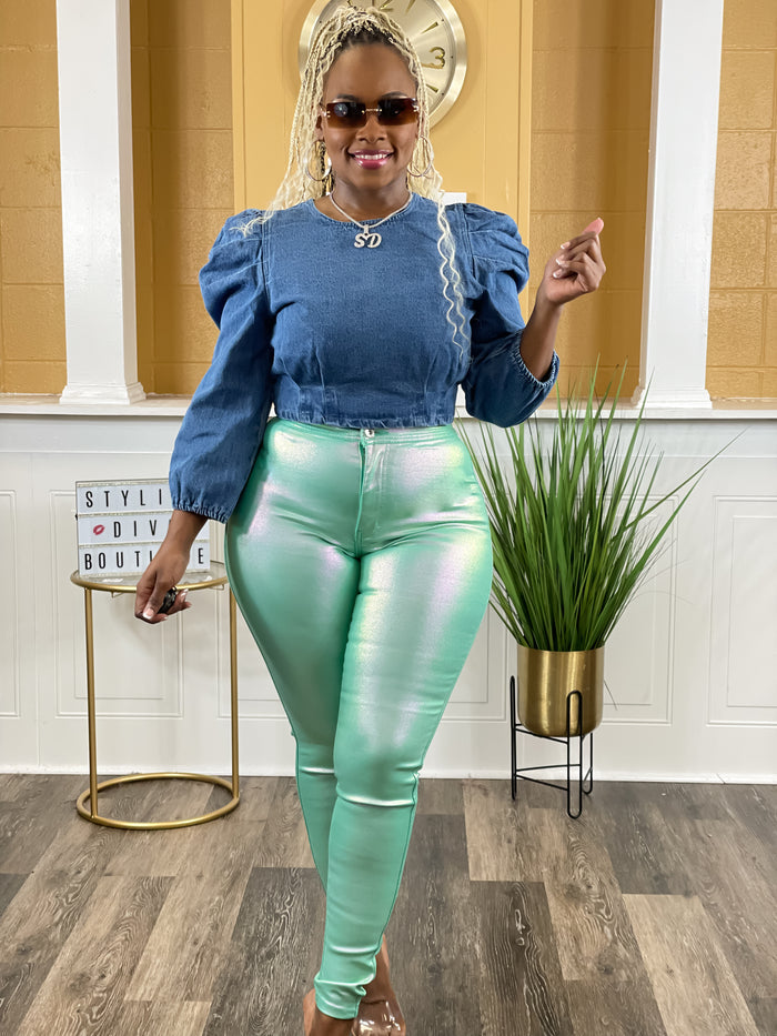 Killer Looks High Waist Skinny Jeans (Metallic Mint)