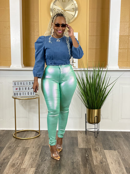 Killer Looks High Waist Skinny Jeans (Metallic Mint)