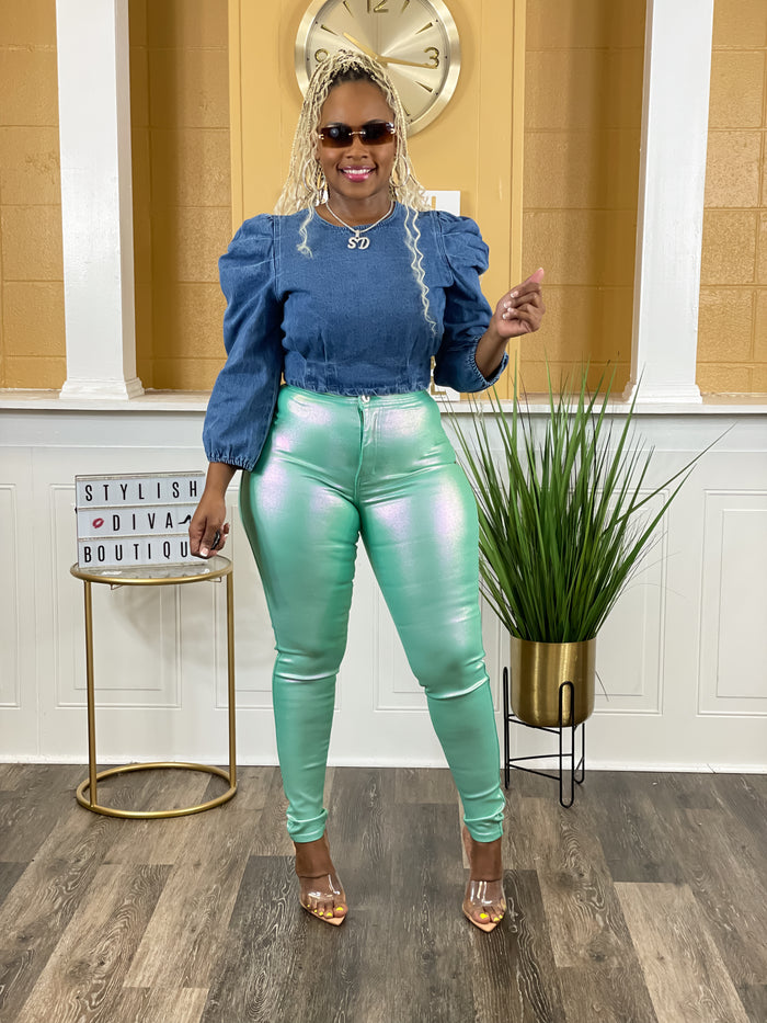 Killer Looks High Waist Skinny Jeans (Metallic Mint)