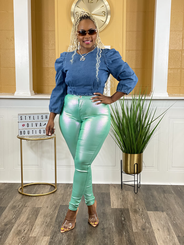 Killer Looks High Waist Skinny Jeans (Metallic Mint)