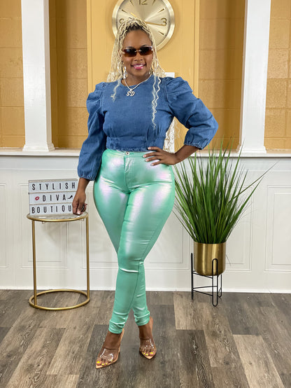 Killer Looks High Waist Skinny Jeans (Metallic Mint)