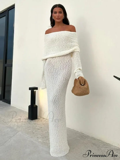 Knit Off-Shoulder Long Sleeve Maxi Dress