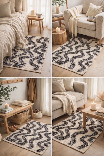 KOUVOLA - Tapis rectangulaire en coton avec motifs marrons et écrus 60 x 90 cm