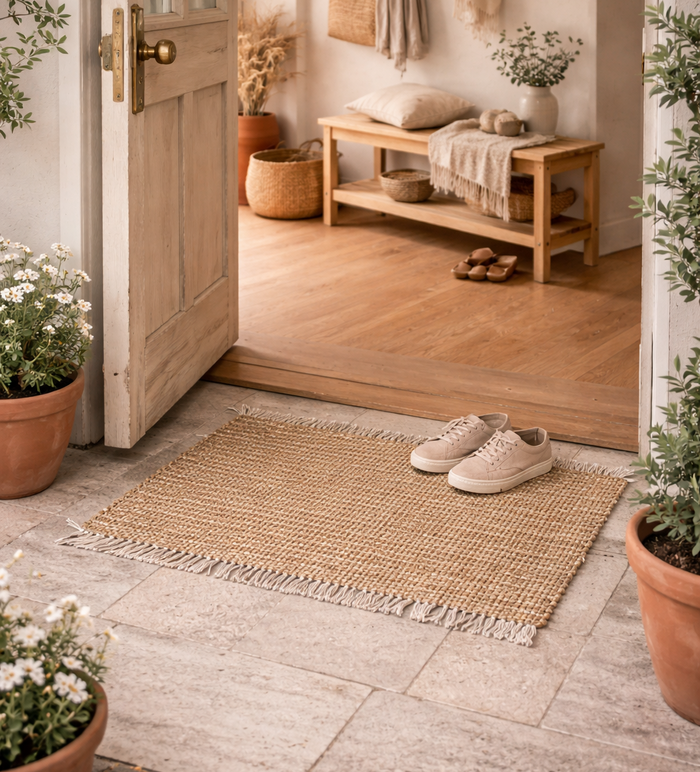 LAHTI - Tapis rectangulaire en coton avec motifs marrons et écrus 90 x 50 cm