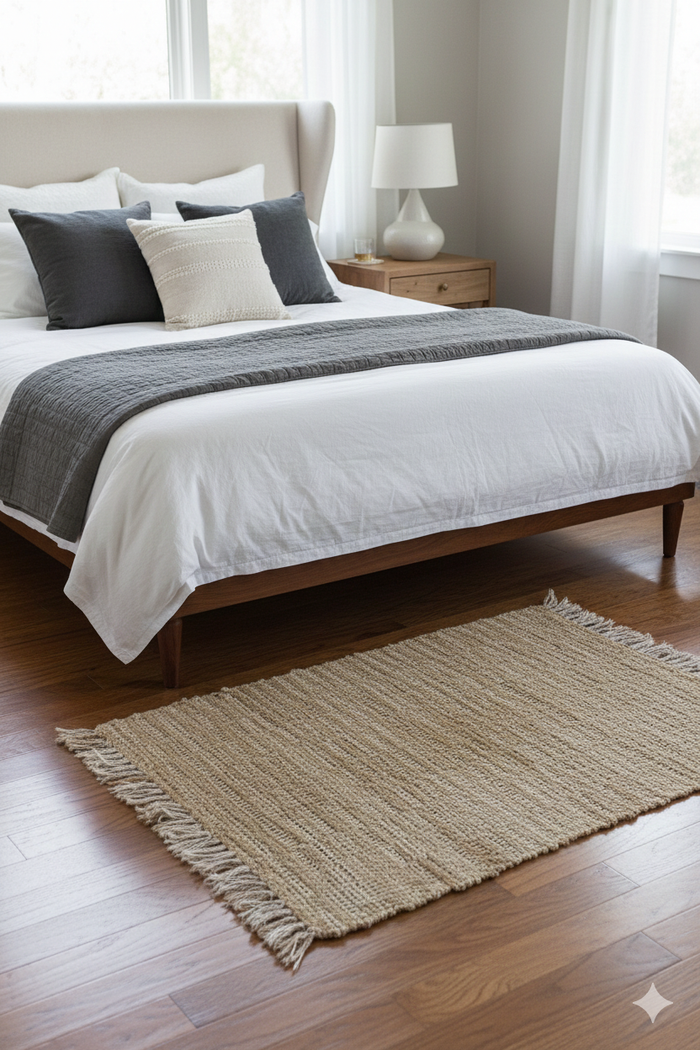 LAHTI - Tapis rectangulaire en coton avec motifs marrons et écrus 90 x 50 cm
