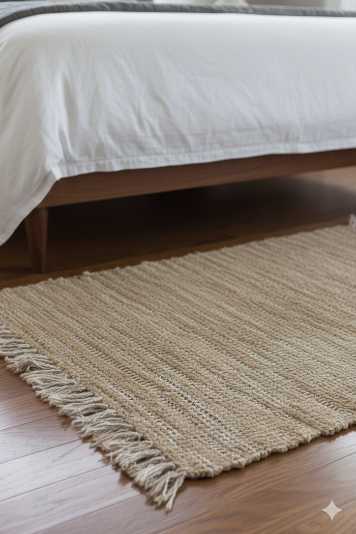 LAHTI - Tapis rectangulaire en coton avec motifs marrons et écrus 90 x 50 cm