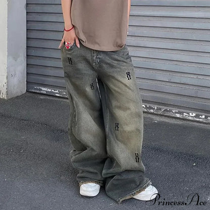 Letter Straight Wide Leg Denim Low Waist Vintage Oversized Hip Hop Harajuku Cargo Jean