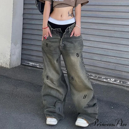 Letter Straight Wide Leg Denim Low Waist Vintage Oversized Hip Hop Harajuku Cargo Jean