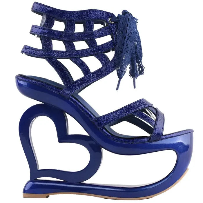 Love Heart Web Lace-Up High Heel Wedge Platform Sandals