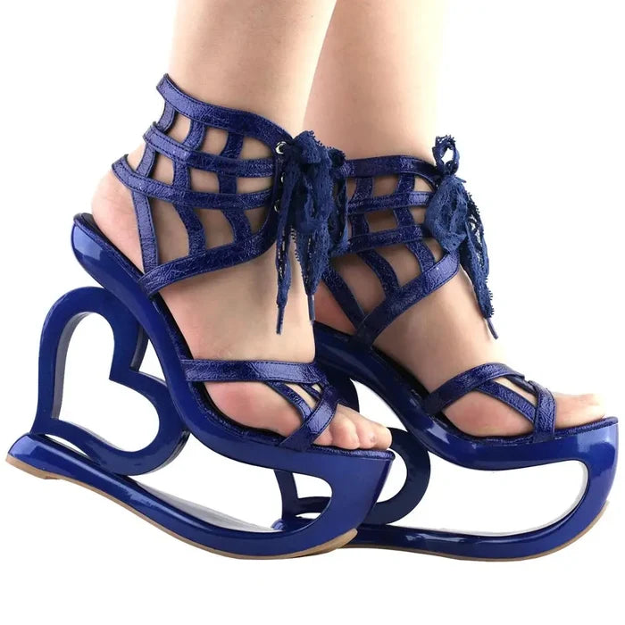 Love Heart Web Lace-Up High Heel Wedge Platform Sandals
