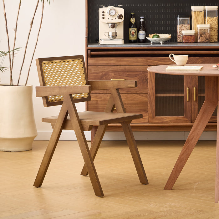 MADEIRA - Fauteuil de table en bois massif foncé et cannage