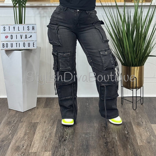 Main Character Acid Wash Cargo Jeans (Black Wash)