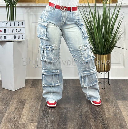Main Character Acid Wash Cargo Jeans (Light Denim Wash) *PREORDER