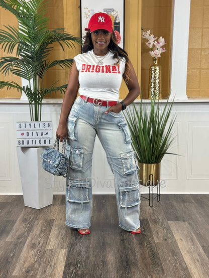 Main Character Acid Wash Cargo Jeans (Light Denim Wash) *PREORDER